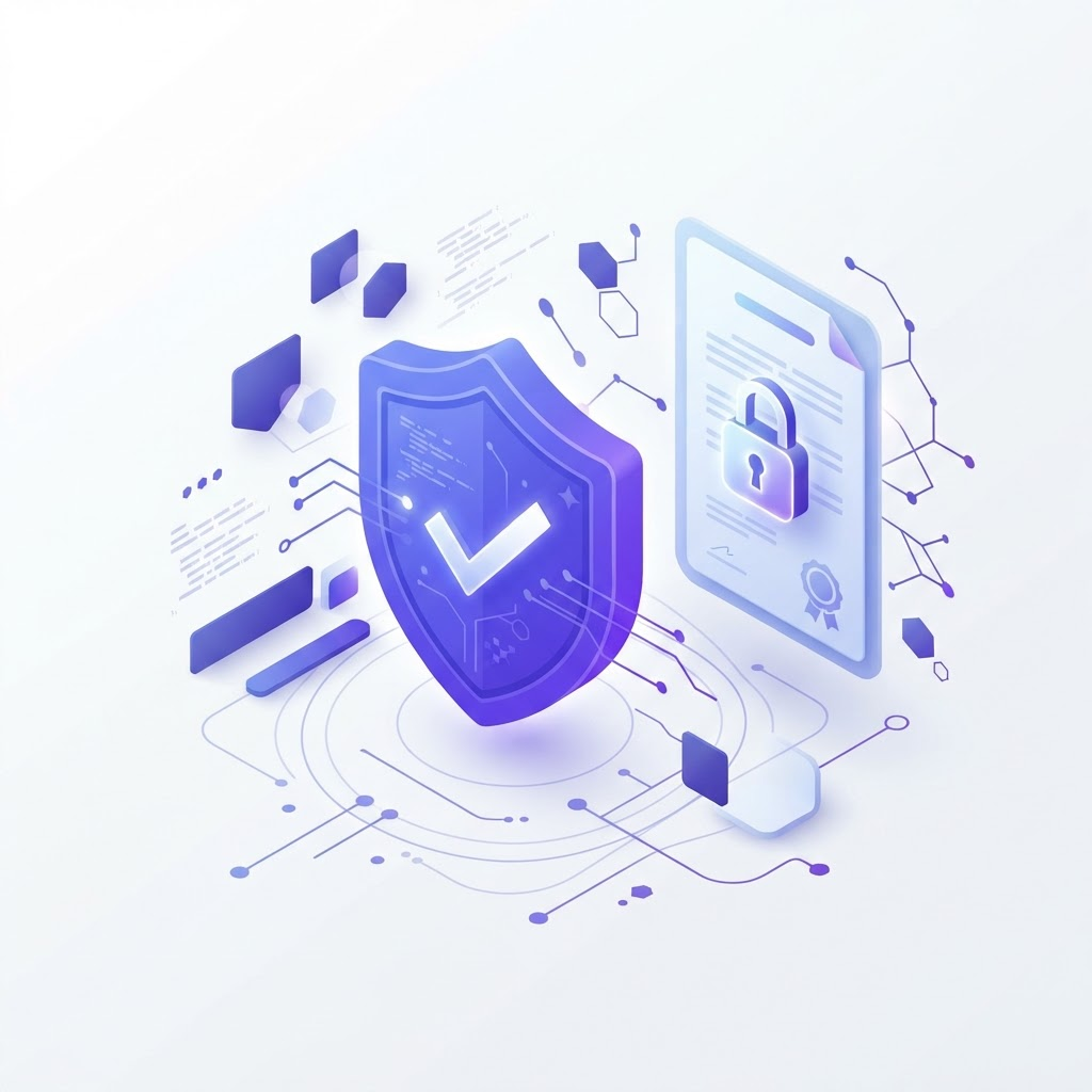 Ilustração de segurança digital com escudo, certificado e criptografia